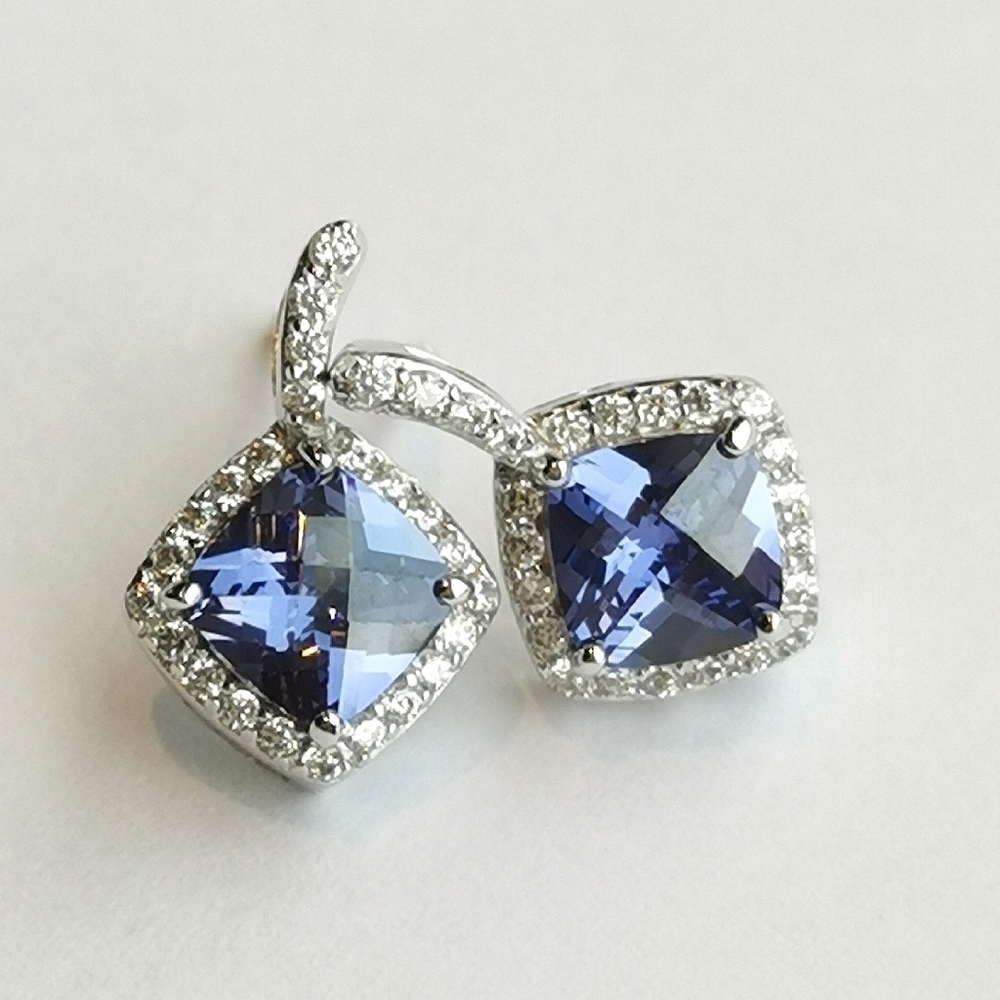 Tanzanite CZ halo drop earrings in Sterling Silver